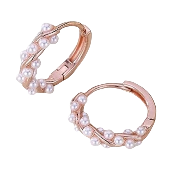 Rose Gold Pearl Twist Vines Hoops Pretty Wedding Little Hoop Earrings Pearls New - Picture 1 of 9